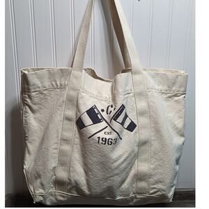 Lands End 1963 Off White/Navy Canvas Beach Tote